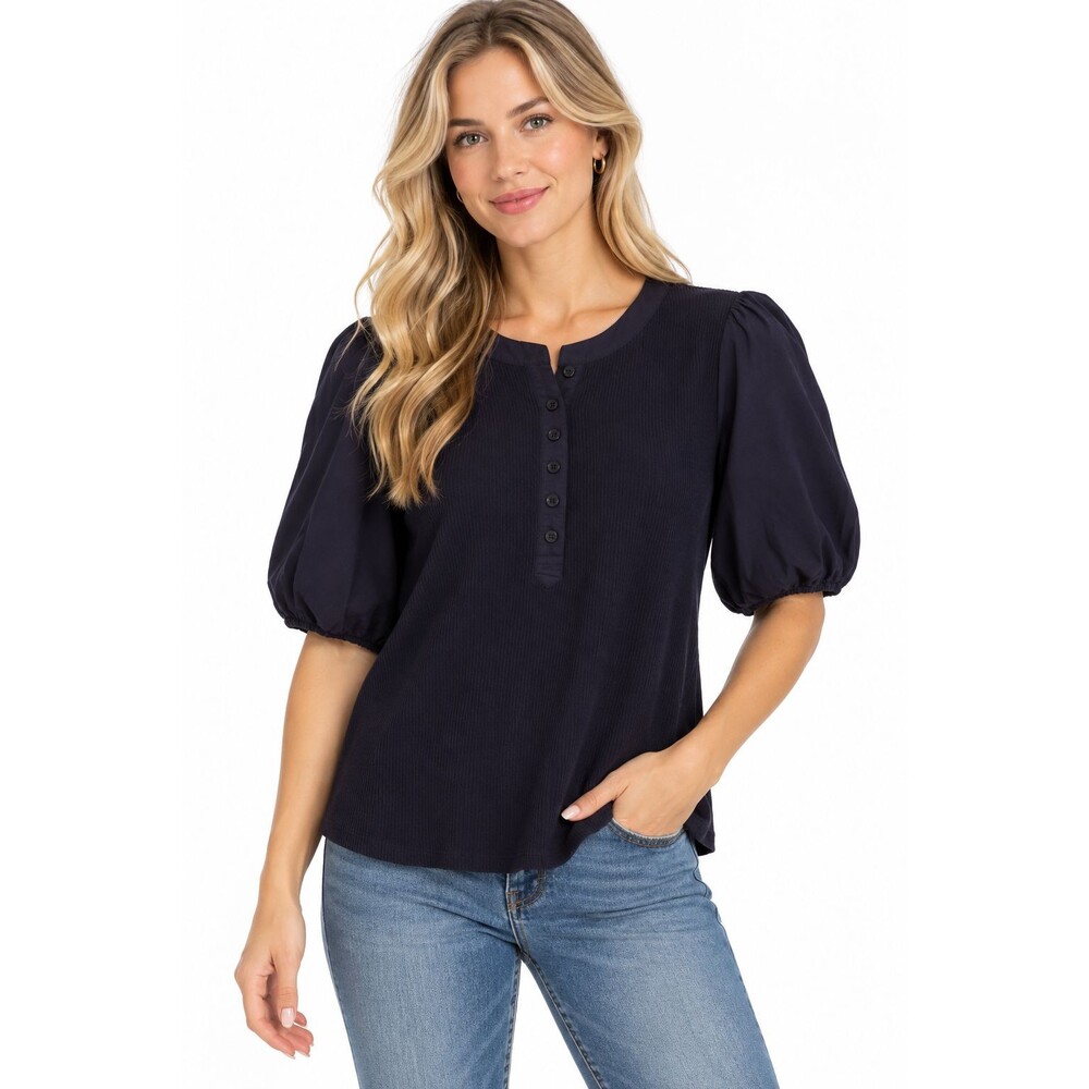 J.Crew Vintage Rib Puff Sleeve Henley Top Size 2x Navy Blue Shirt Classic